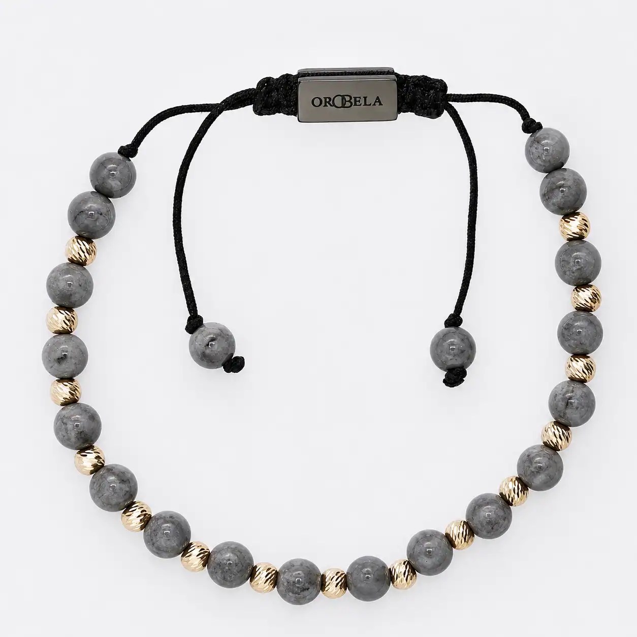 Elegant grey and gold beaded bracelet with adjustable black cord for women.