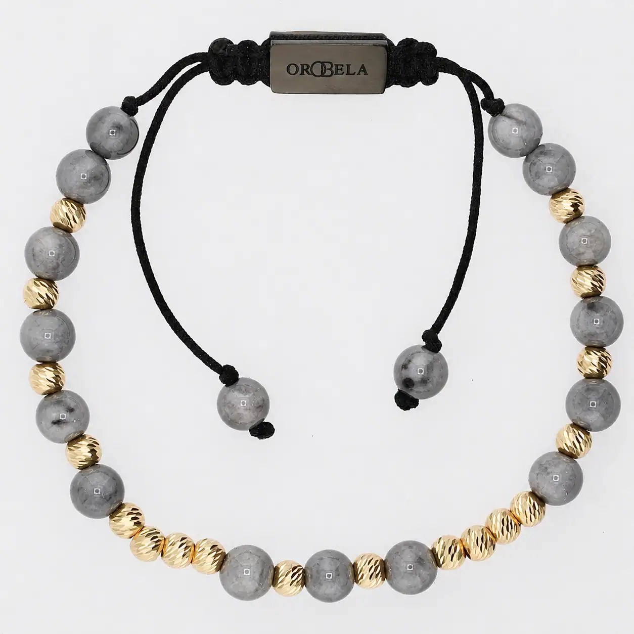 Elegant beaded bracelet with gray and gold beads on black cord.