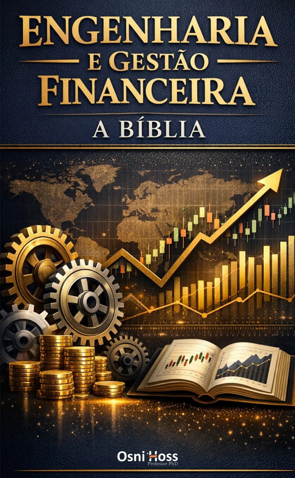 Capa do livro Engenharia e Gestão Financeira: A Bíblia, de Osni Hoss, com engrenagens, moedas, gráficos financeiros e mapa-múndi em tons dourado e azul escuro.