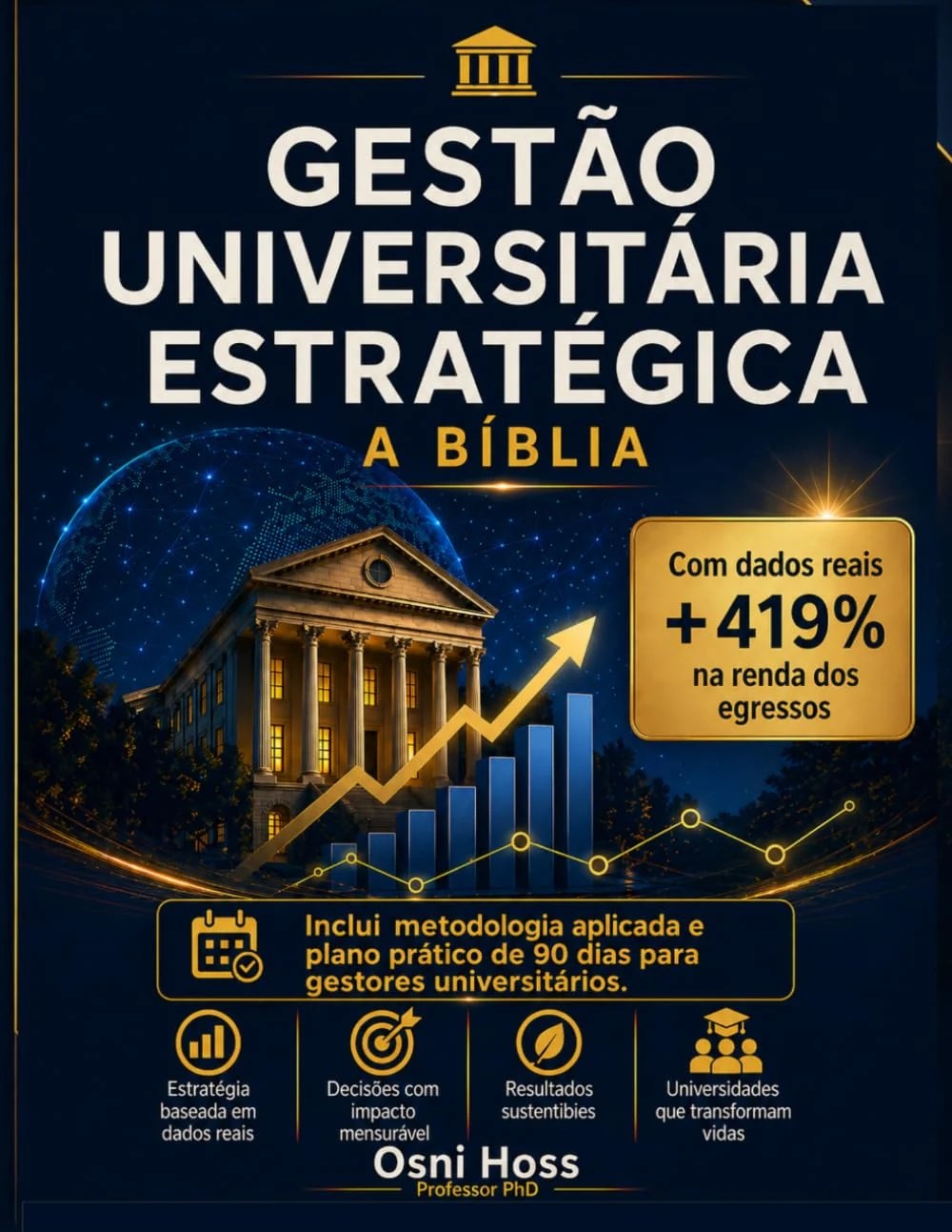 Capa do livro Gestão Universitária Estratégica: A Bíblia, com ilustração de universidade, gráfico de crescimento e destaque para aumento de 419% na renda dos egressos.