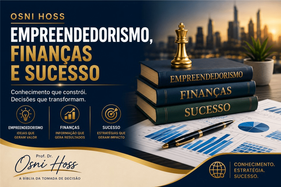 Banner em português sobre empreendedorismo, finanças e sucesso, com livros, gráficos, xadrez estratégico e assinatura do Prof. Dr. Osni Hoss.