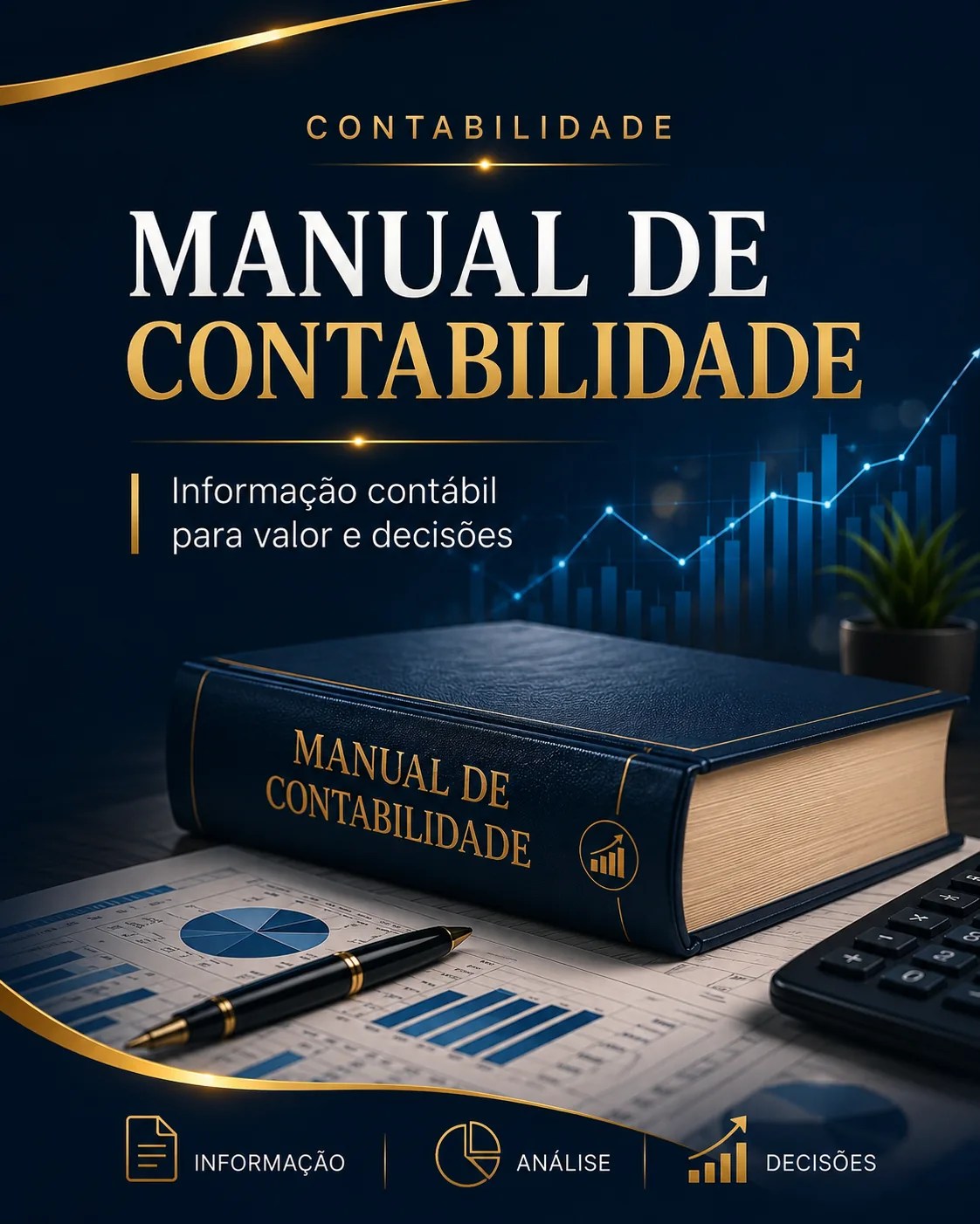 Imagem mobile do Manual de Contabilidade com livro, gráficos financeiros, caneta e elementos de análise contábil.