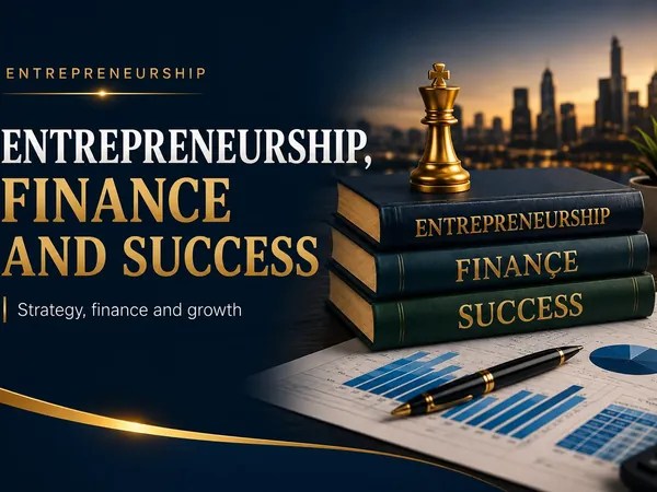 Banner sobre entrepreneurship, finance and success, com livros, peça de xadrez, gráficos e elementos de estratégia e crescimento.