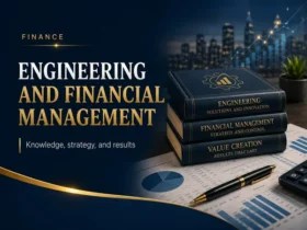 Banner sobre engineering and financial management, com livros, gráficos financeiros e elementos visuais de estratégia, gestão e criação de valor.