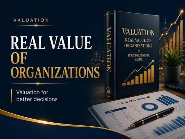 Banner sobre real value of organizations, com livro de valuation, gráficos financeiros e elementos visuais de análise, estratégia e tomada de decisão.