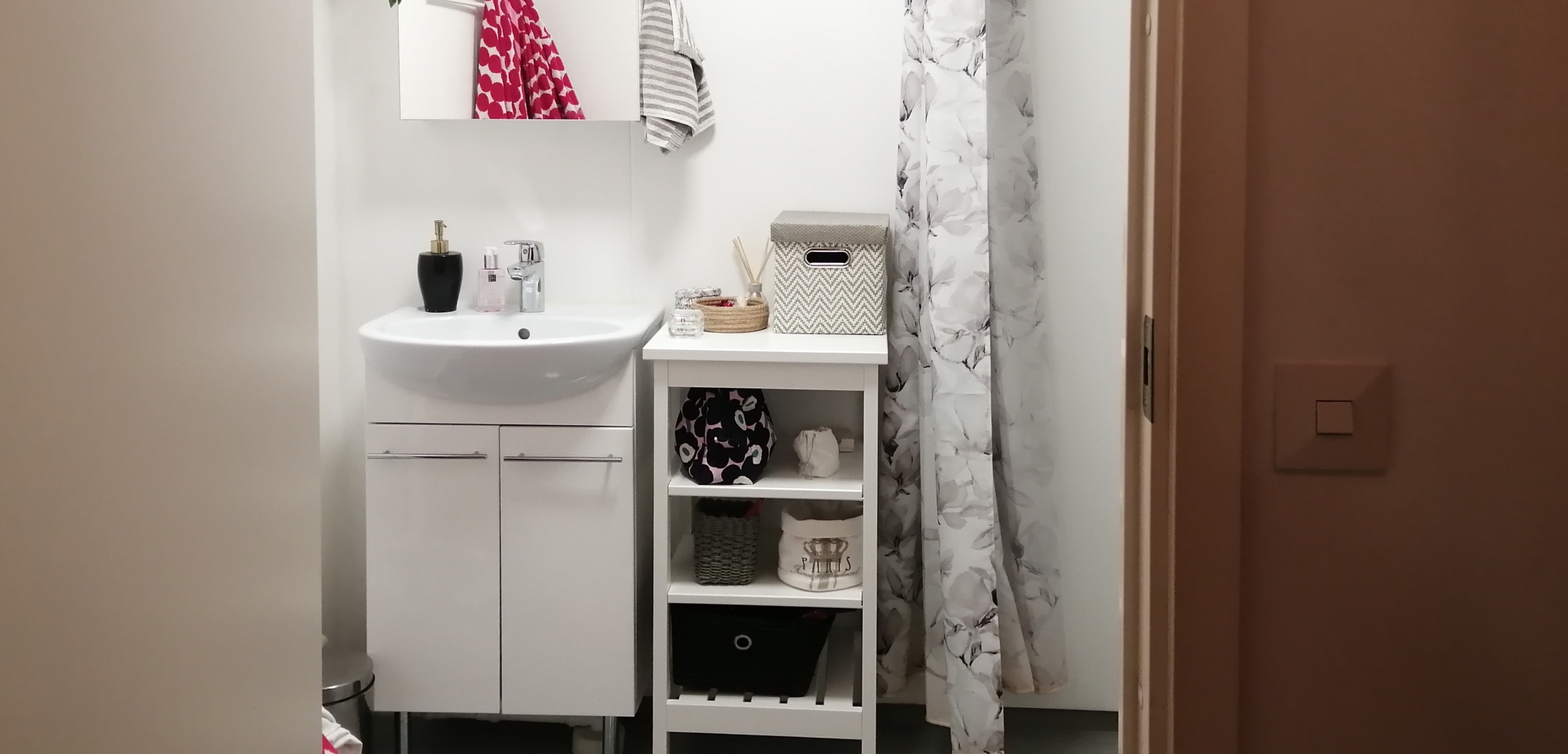 Kylpyhuoneen ovelta, wc-istuin ja suihku oikealla