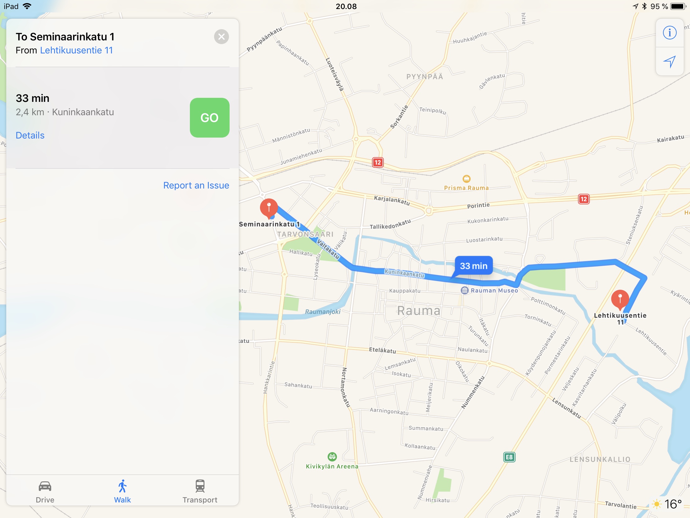 Polkupyörä-/kävelyreitti keskustan läpi