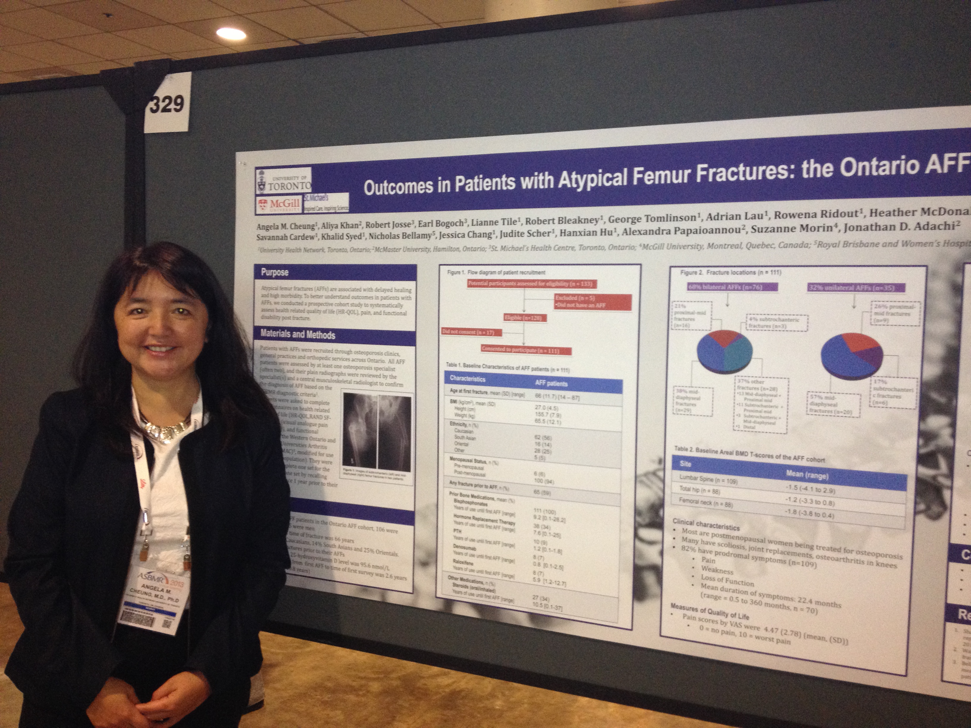 Dr. Angela M. Cheung, Director of University Health Network/Mount Sinai Hospital Osteoporosis Program, next to a poster describing outcomes such as quality of life, pain, and disability in individuals who are part of the Ontario Atypical Femur Fracture (AFF) Cohort.