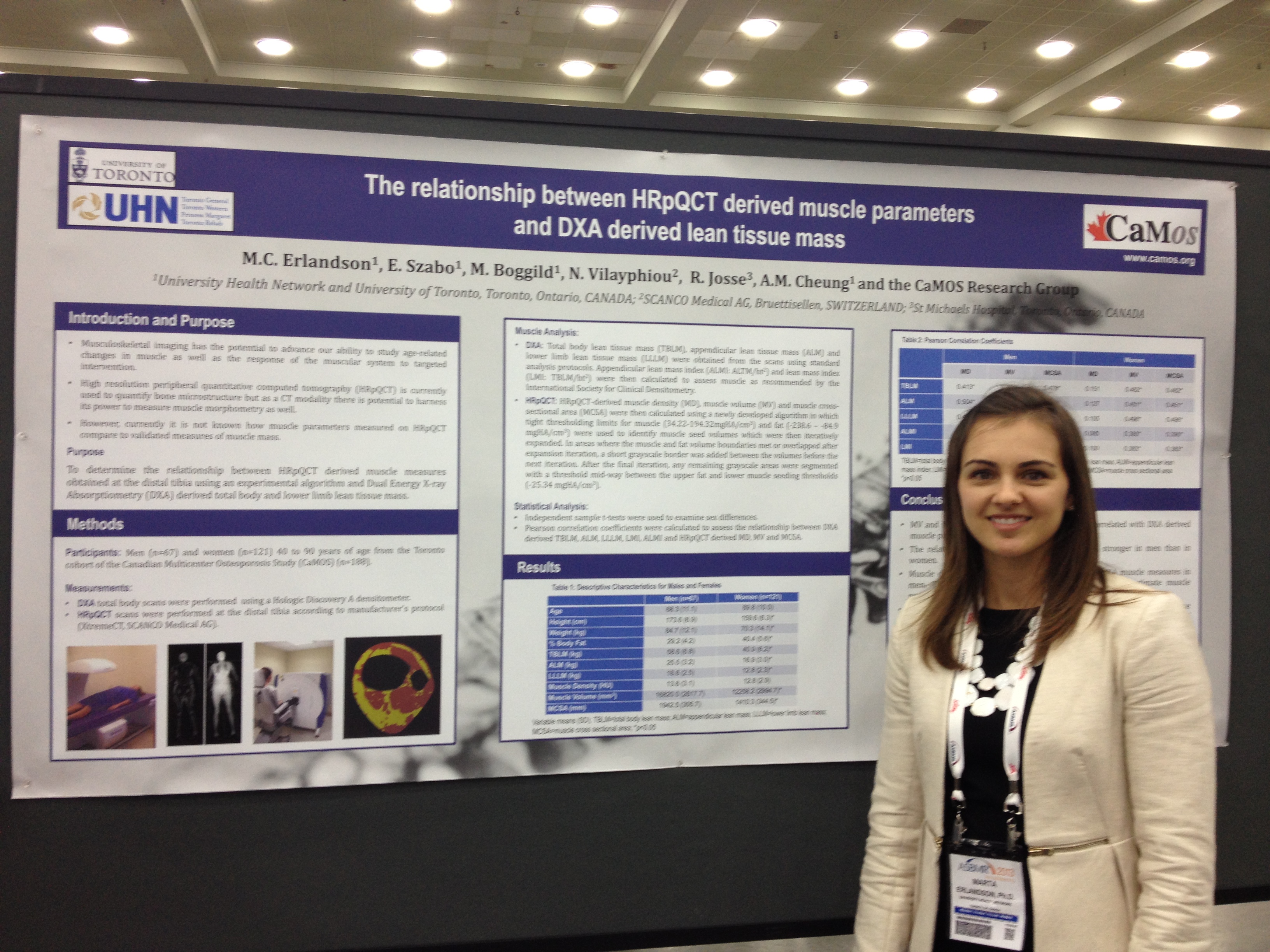 Dr. Marta Erlandson, Postdoctoral Fellow, next to a poster describing her research on measuring different properties of muscle on a new imaging technology.