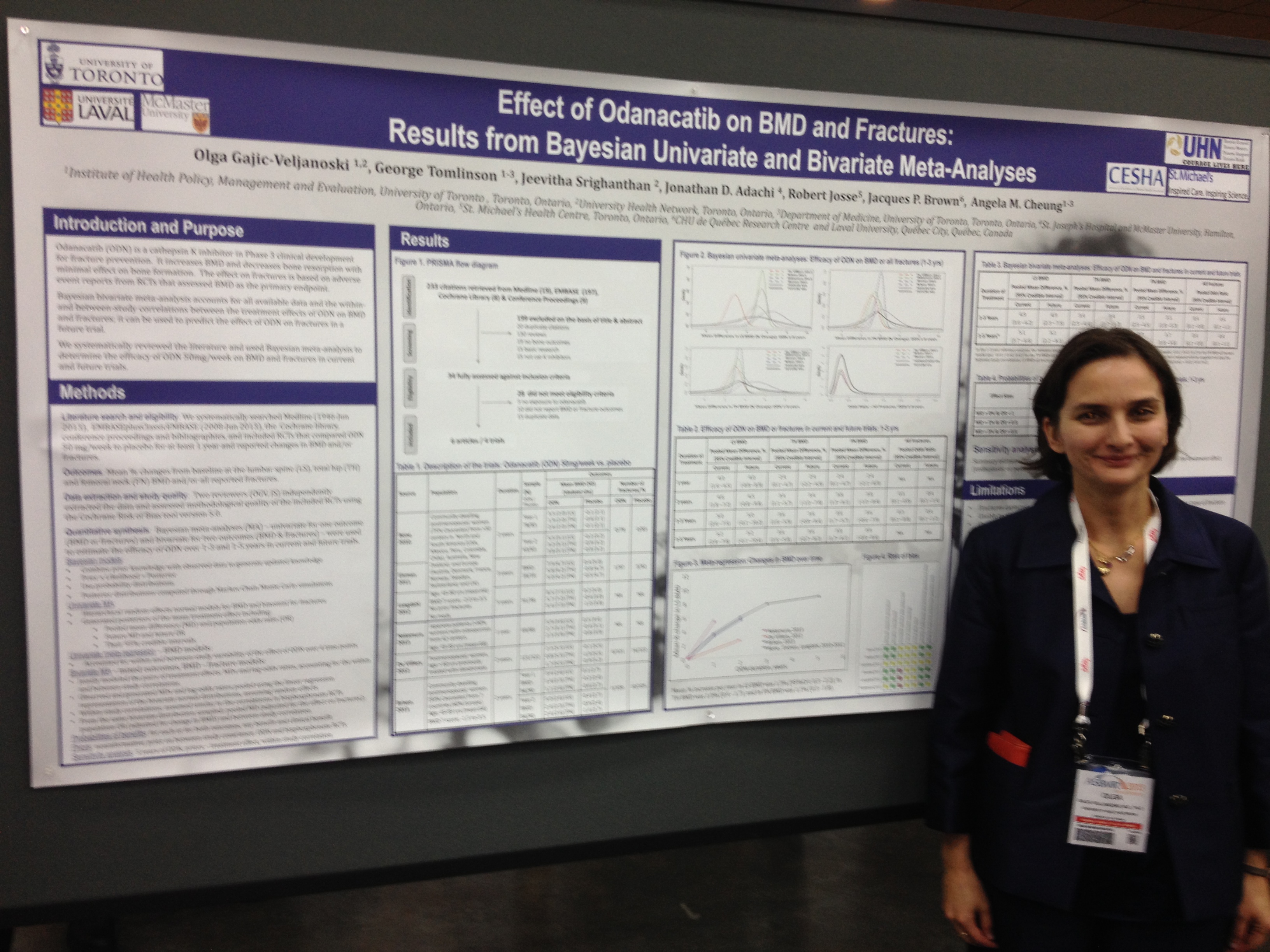 Dr. Olga Gajic-Veljanoski, researcher at the Osteoporosis Program, next to her poster on using a particular statistical method to determine whether the drug Odanacatib can prevent fractures and reduce bone loss.