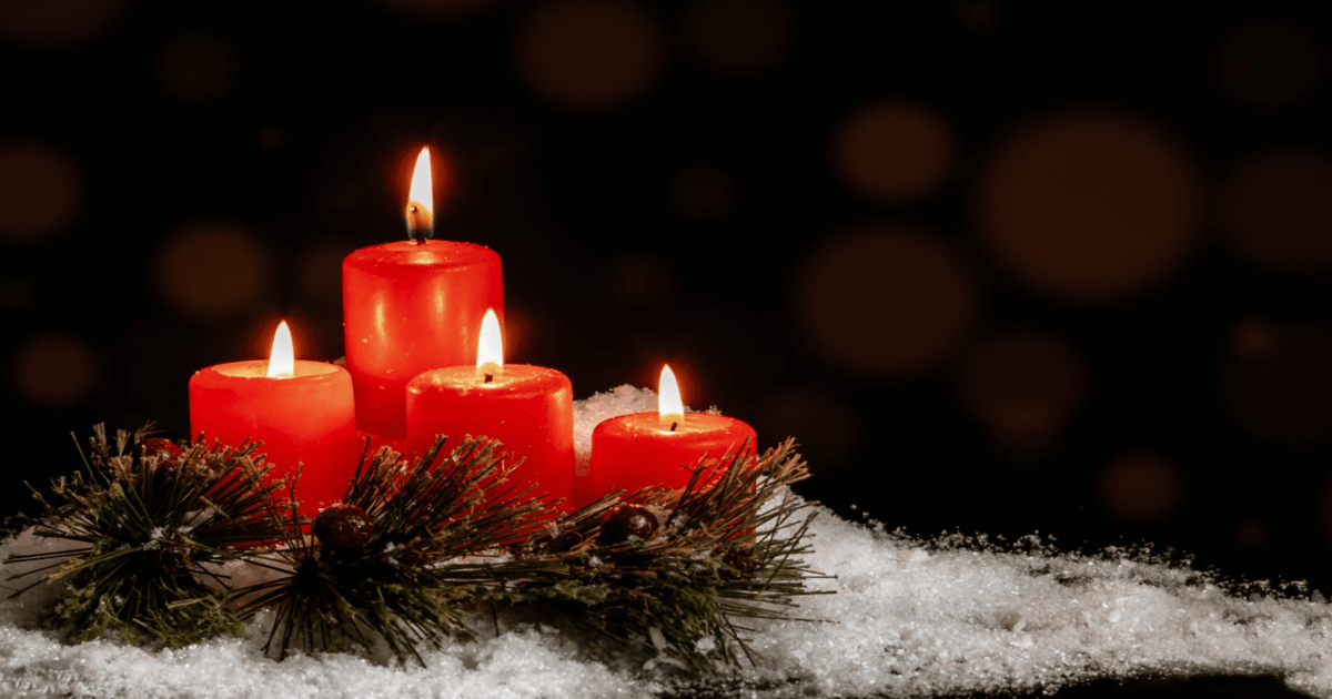 Red candles with warm incandescent flames beside a sprig of evergreen leaves