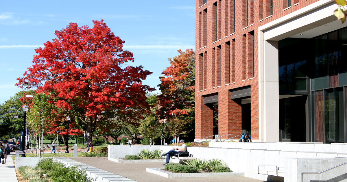 Outside of the LINC Building with red trees in the background on a pleasant autumn day