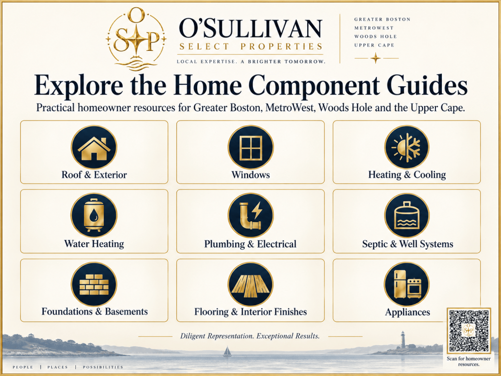 O’Sullivan Select Properties home component guide with nine categories for roofs, windows, HVAC, water heating, plumbing, septic, foundations, flooring and appliances.