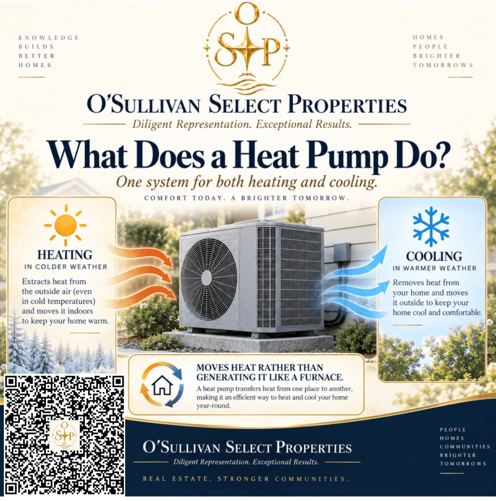 Osullivan Select Properties infographic showing how a heat pump provides both heating in colder weather and cooling in warmer weather.