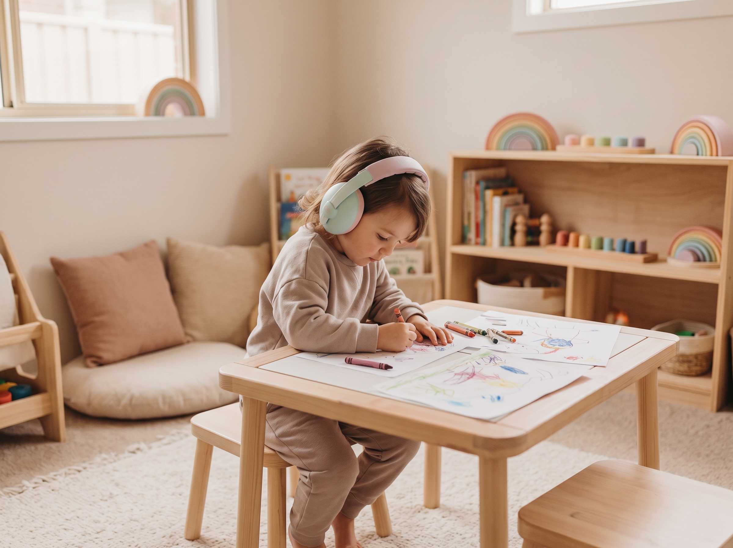 Young child wearing headphones drawing with crayons at a small table in a playroom