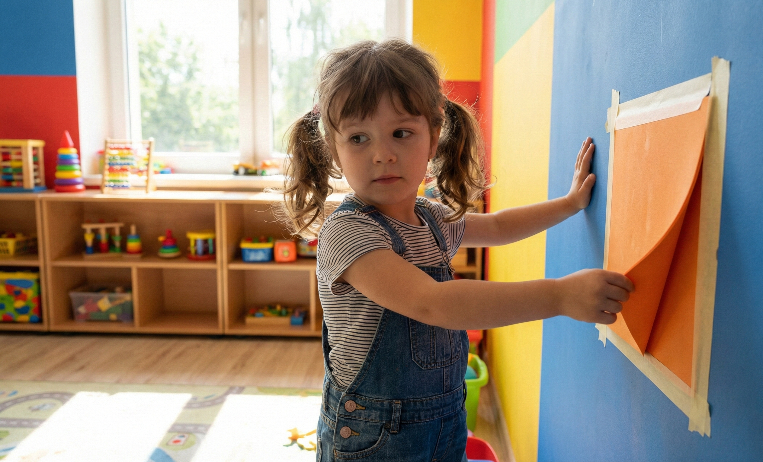 Preschooler crossing midline to peel an orange foam shape from a wall, an occupational therapy activity for bilateral hand use and motor planning.