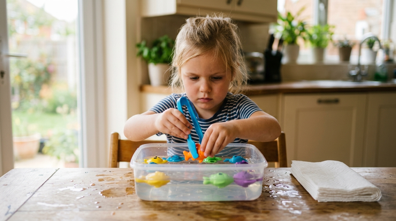 A four-year-old child practices fine motor skills by using tongs to retrieve colorful toy fish from a water-filled container on a kitchen table.