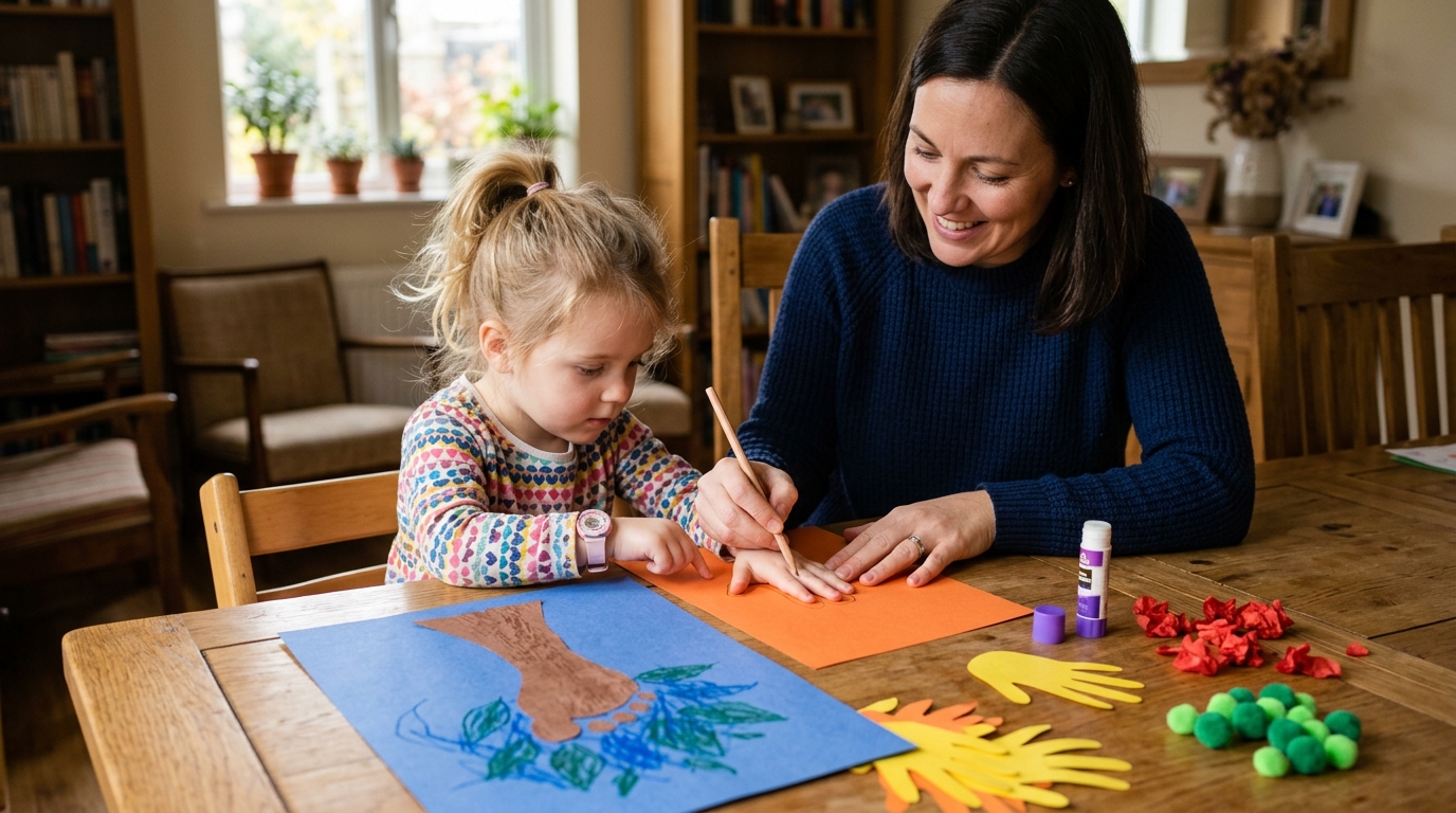 A young child and an adult work together on a Fall Foot Tree craft using colorful construction paper and craft supplies at a dining table.