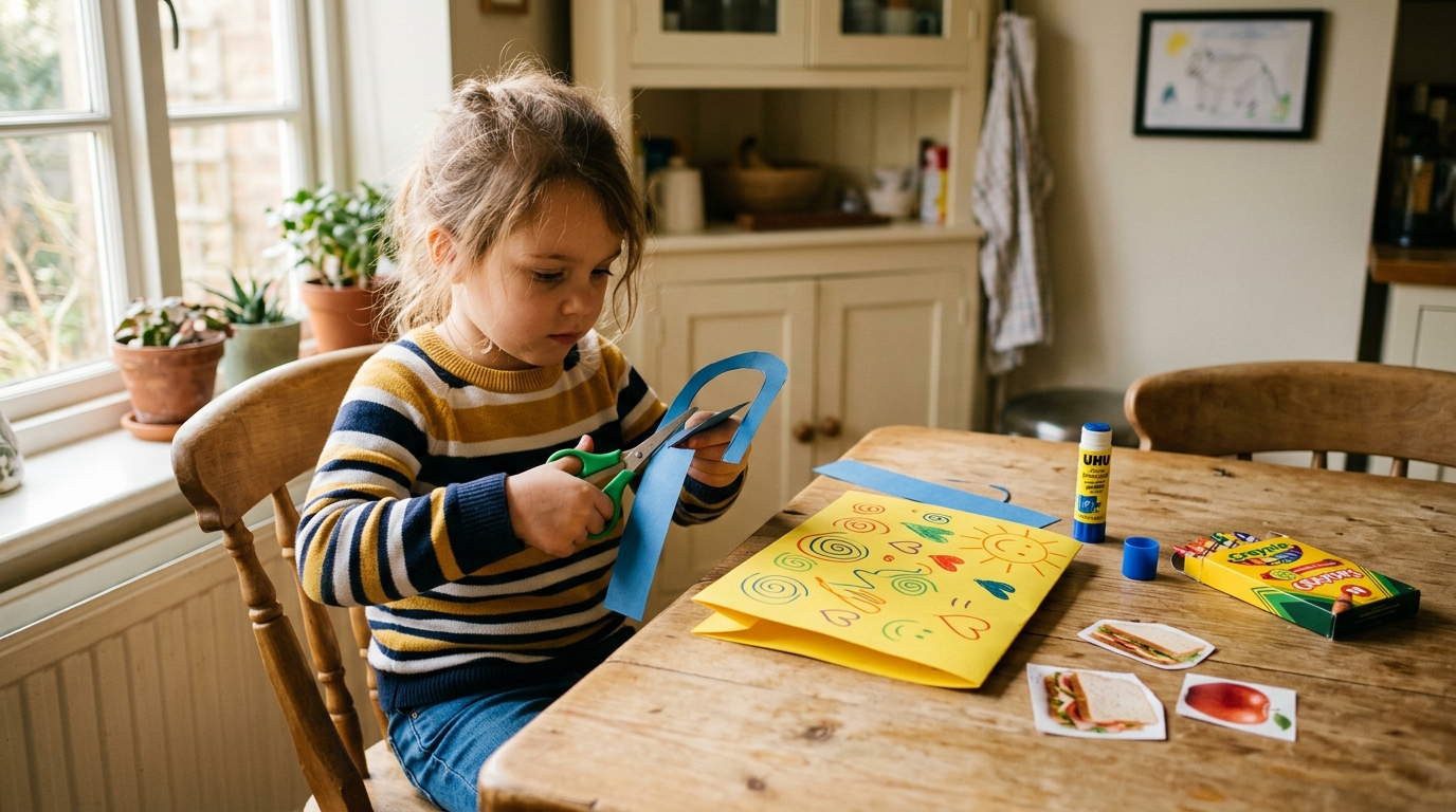 A five-year-old child uses safety scissors to cut out construction paper handles for a DIY paper lunch box craft on a wooden table.
