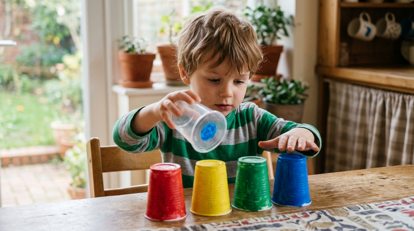 A four-year-old boy practices wrist rotation by matching colored dots inside plastic cups to painted target cups on a wooden table.