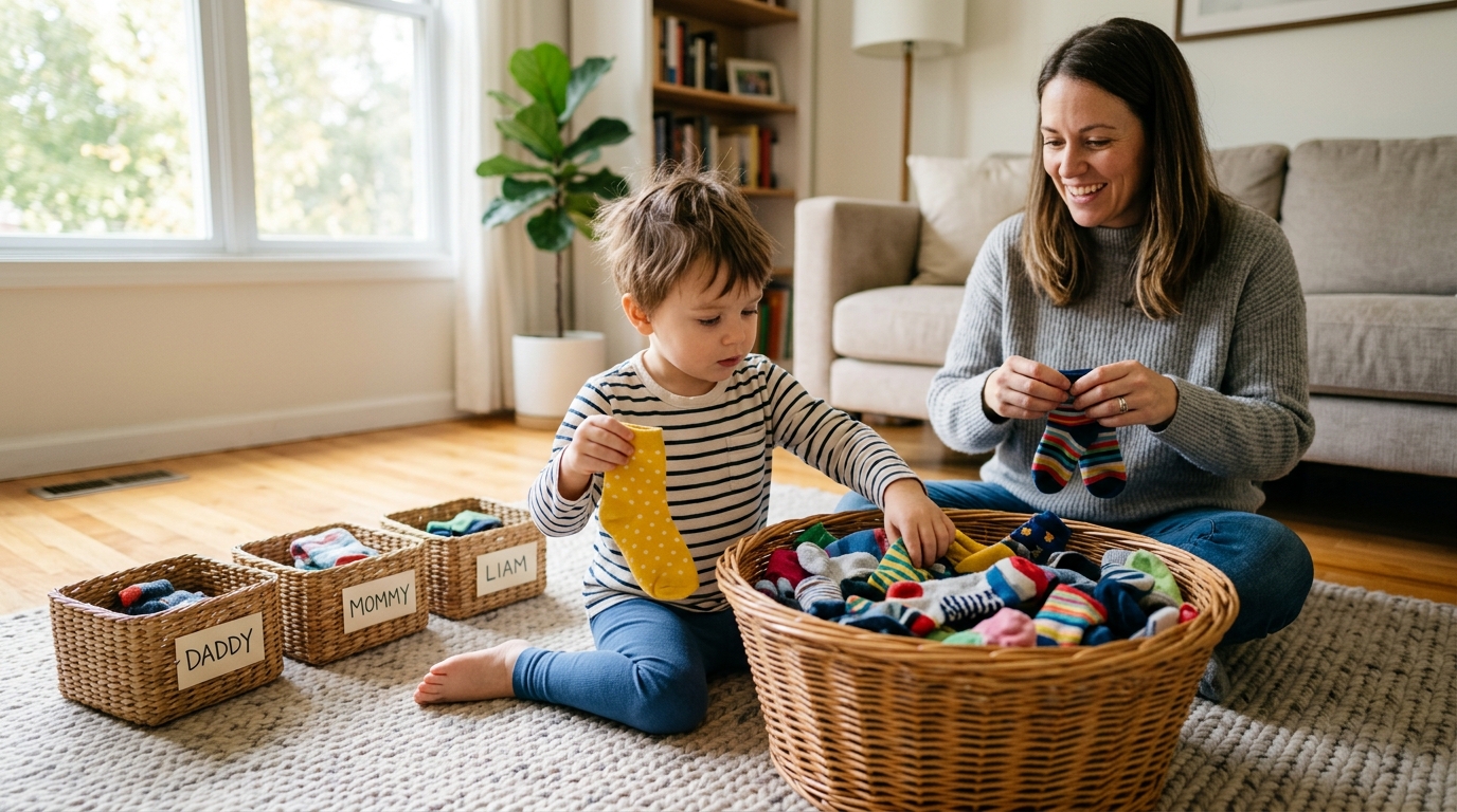 A young child sitting on a living room rug sorting and matching pairs of colorful laundry socks into separate baskets.