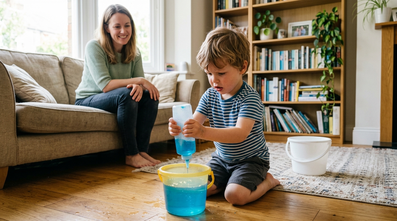 A 4-year-old child uses a squeeze bottle to transfer blue water between two buckets during a motor skills activity in a bright living room.