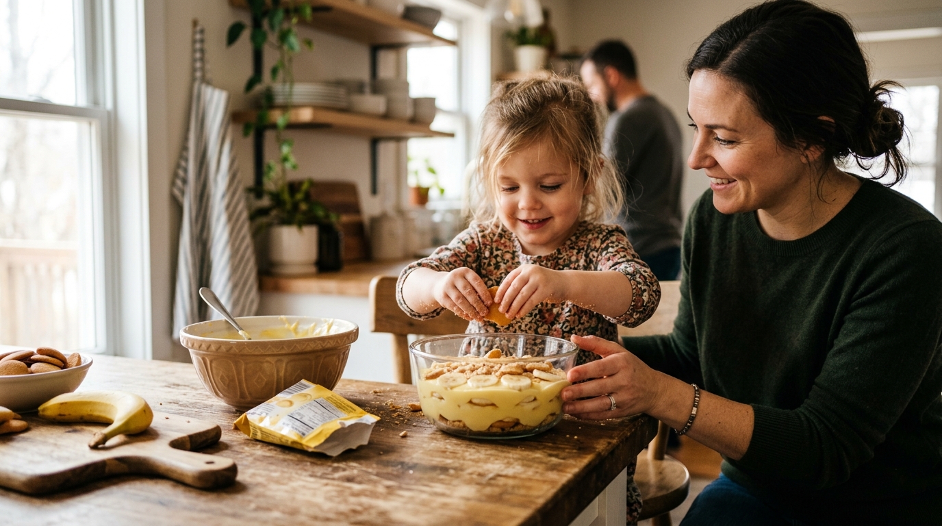 A four-year-old child crumbles vanilla wafers into a bowl of banana pudding during a sensory kitchen activity at home.