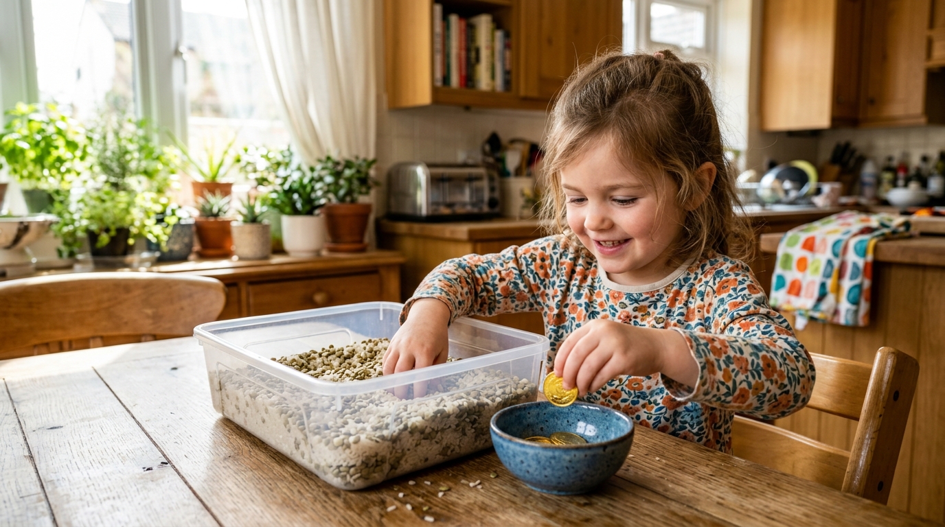 A 4-year-old girl searches for hidden coins in a tactile sensory bin filled with rice and lentils during a home-based occupational therapy activity.