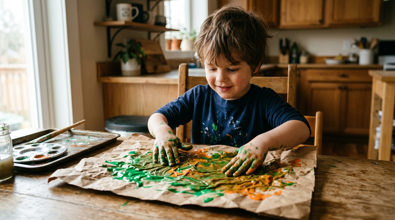 A young child finger paints on a textured rectangle of crinkled brown paper bag to develop sensory processing skills.