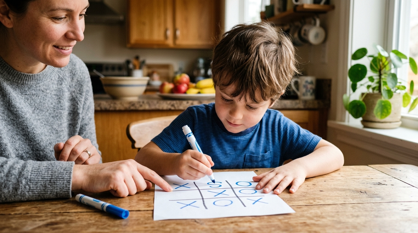 A 6-year-old child practices handwriting by playing a game of tic-tac-toe with markers at a kitchen table.