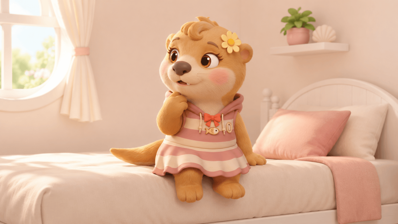 Lotty sitting thoughtfully on the edge of her bed in morning light, illustration for a guide to bleeding between periods.