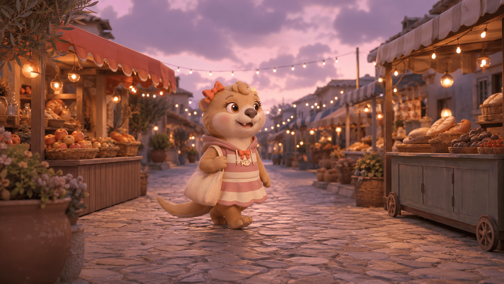 When does PMS start: Lotty walking through a dusk market in her Pre-Storm phase