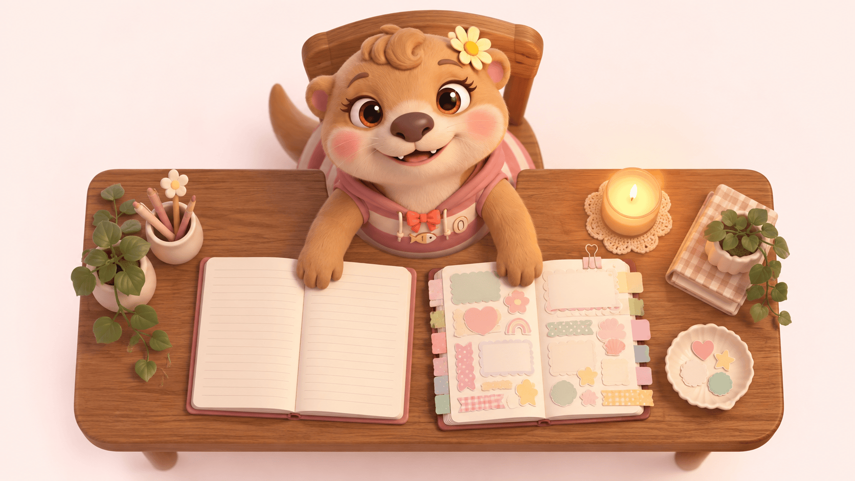 Lotty the otter comparing two open notebooks from above, illustrating Flo vs Clue period trackers