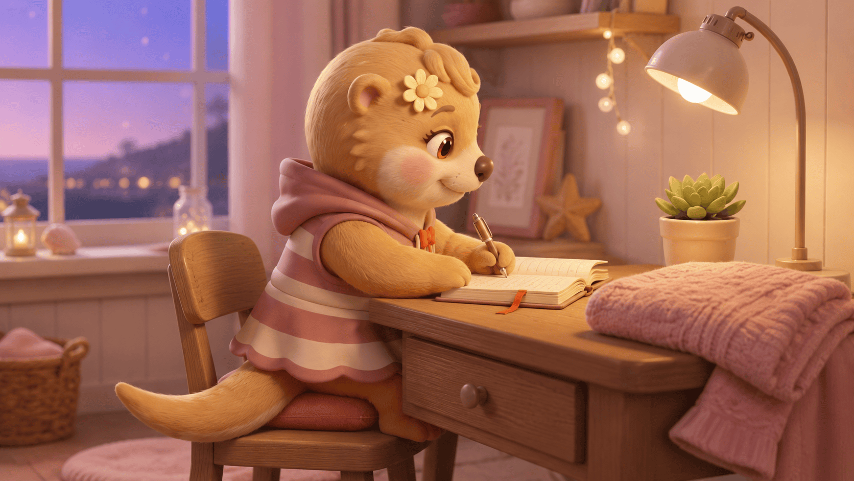 PMDD guide: Lotty writes in her symptom diary at a lamplit desk.