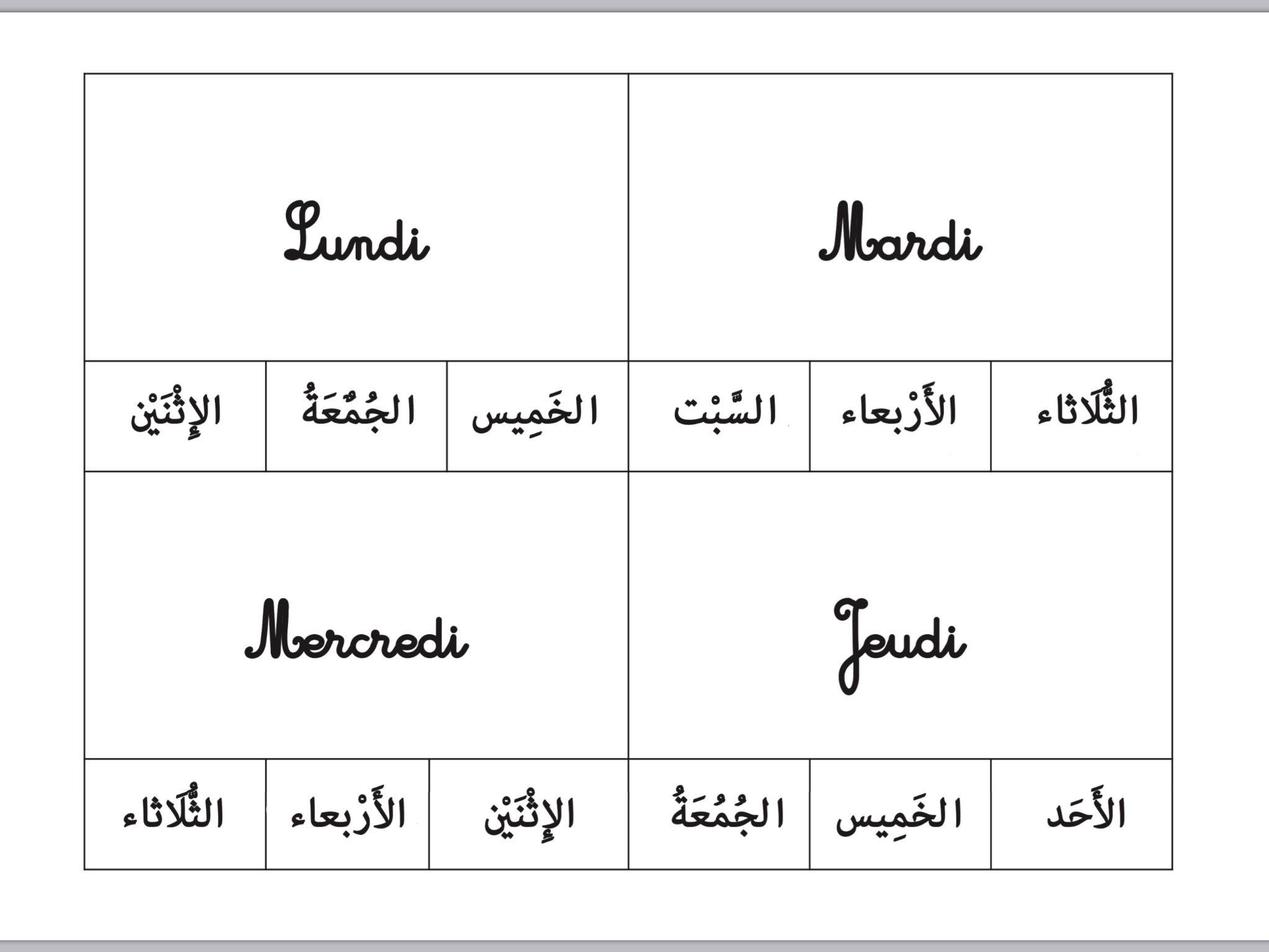 Les Jours De La Semaine En Arabe CARTE A CHOIX MULTIPLE : LES JOURS DE LA SEMAINE EN ARABE – Oummi-academie