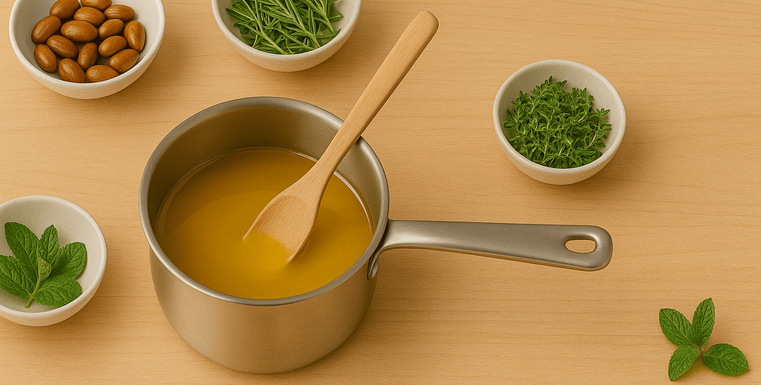 An image of a pot of melted beeswax as well as little bowls of raw ingredients arranged around the pot