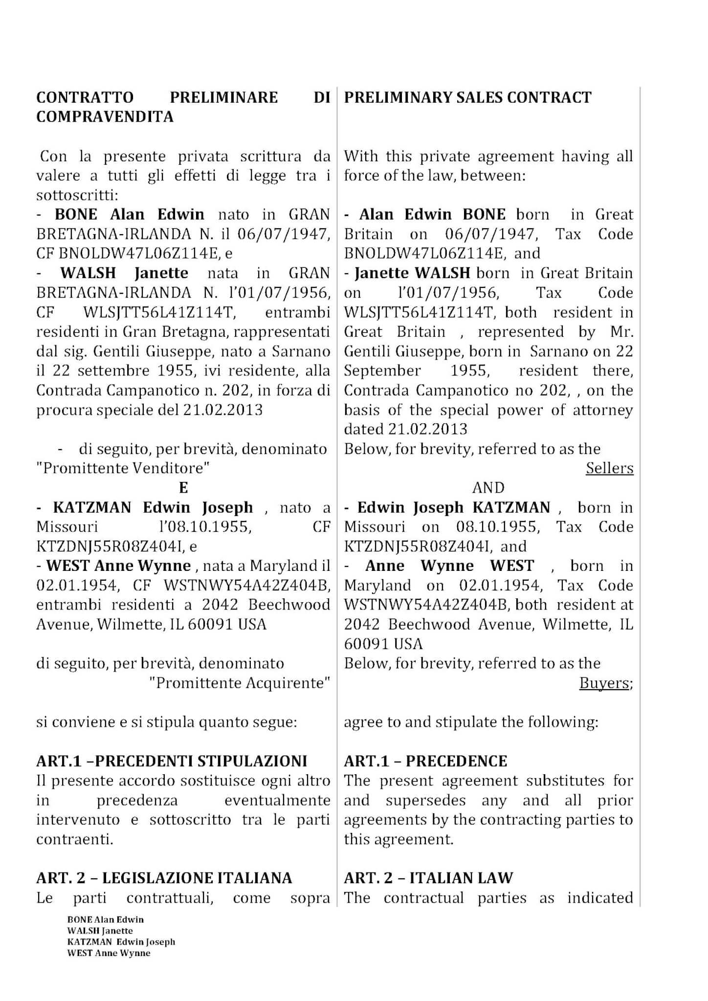 Italian property purchase agreement draft