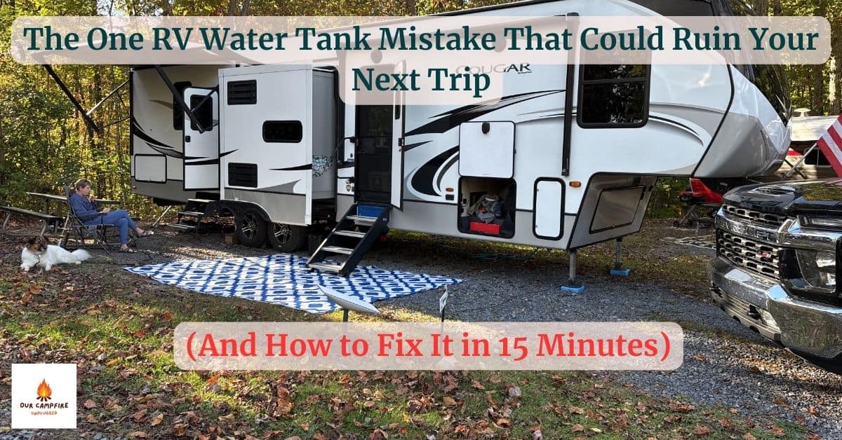 Part-time RV family campsite setup with fifth wheel, mat, chairs, and forest in background