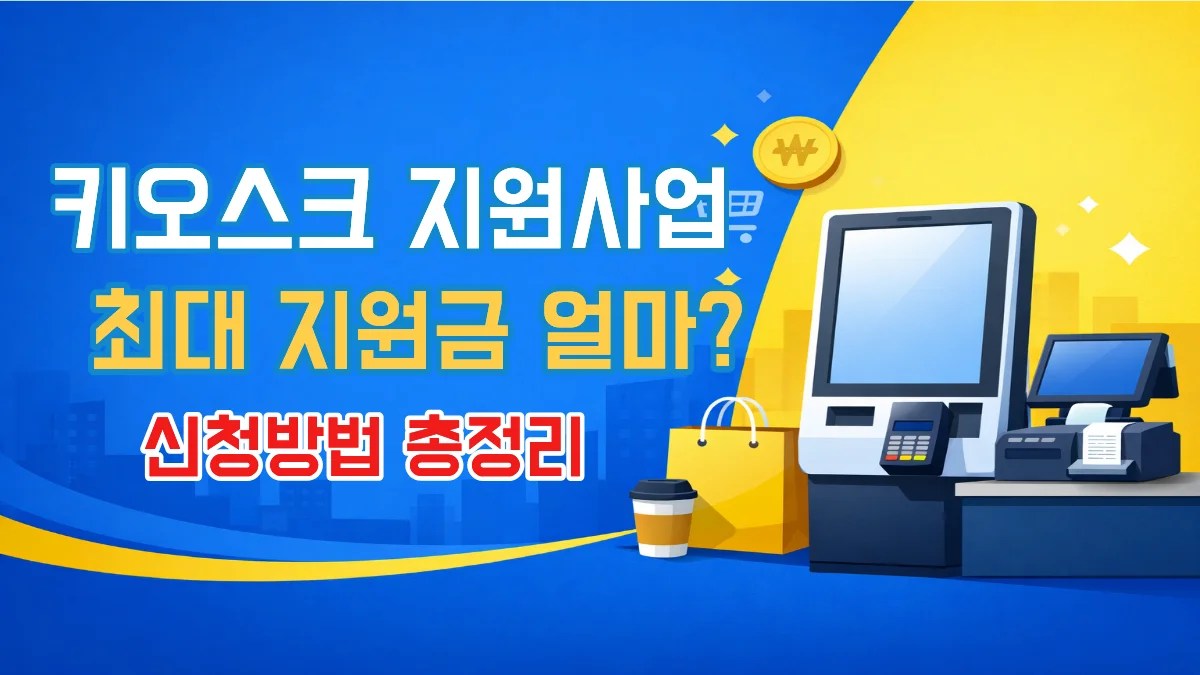 소상공인을 위한 키오스크 지원사업 안내 이미지를 설명하며 매장 자동화 지원 정책 정보를 담은 장면