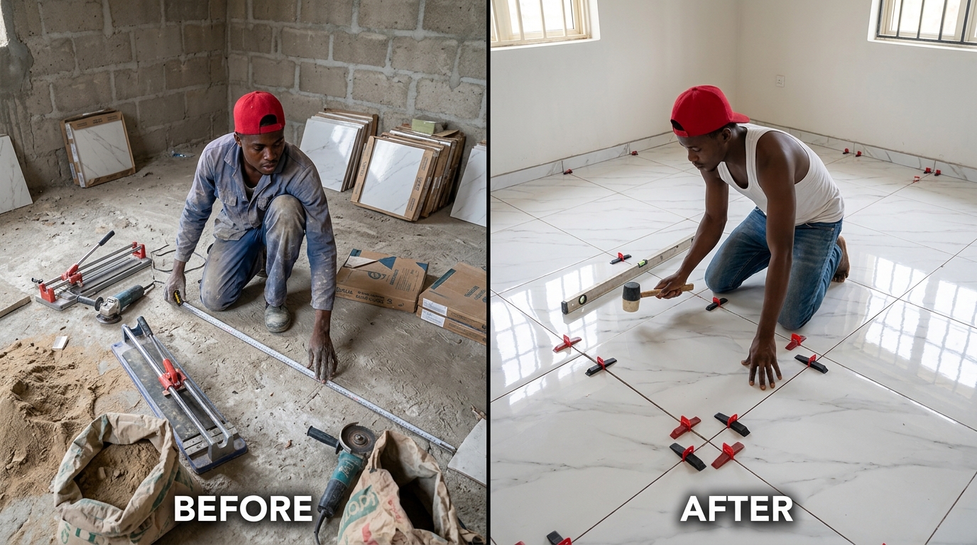 Man tiling a room