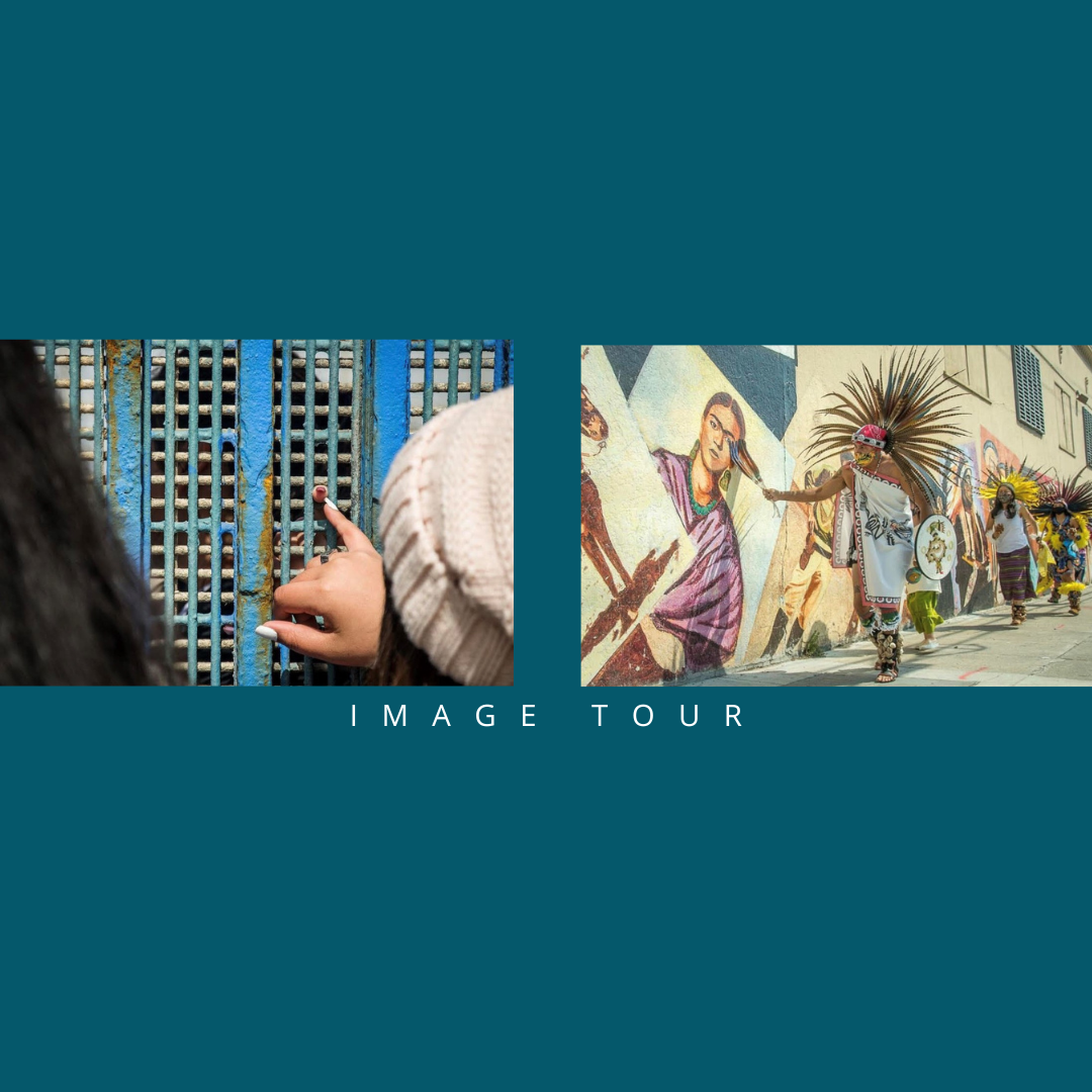 Two images on a blue background. Image on lft is of a hand with a pinky finger touching the tip of a pinky finger that is sticking though a metal fence whose openings only fit the tip of a pinky finger. Second Image: A man dressed in traditional Aztec dancer regalia and extending a feather toward a mural of Frida Kahlo among others.