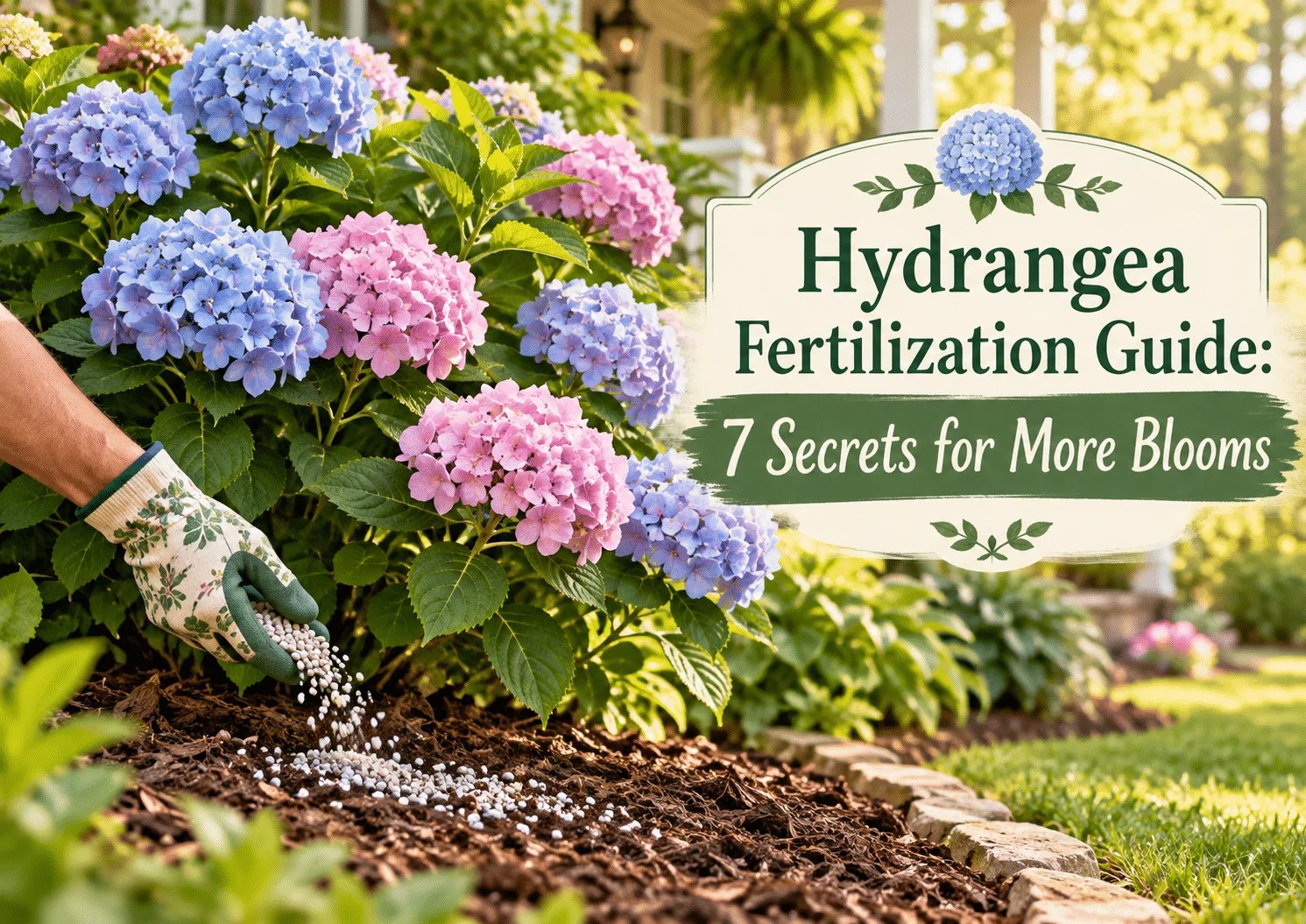 Hydrangea fertilization guide showing fertilizer being applied around blooming blue and pink hydrangeas.