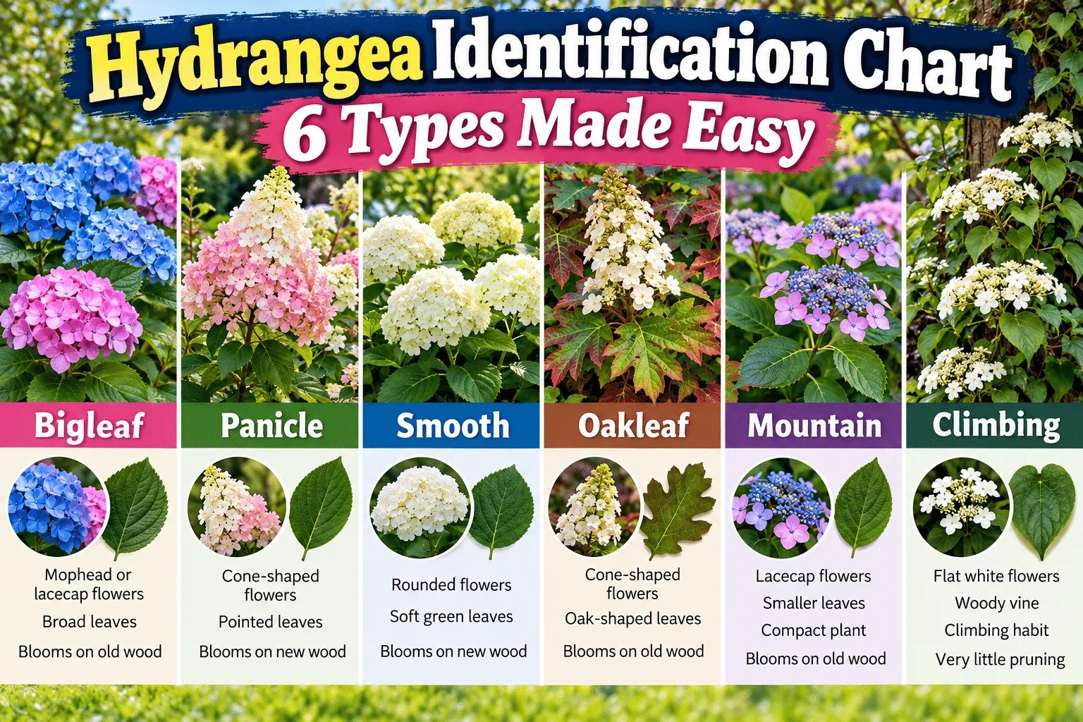 Hydrangea identification chart showing six common hydrangea types and their different flower and leaf shapes.