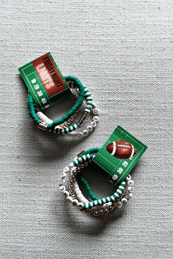 Affordable Friday Night Lights bracelet stacks made with colorful stretch bracelets and printable wraps.