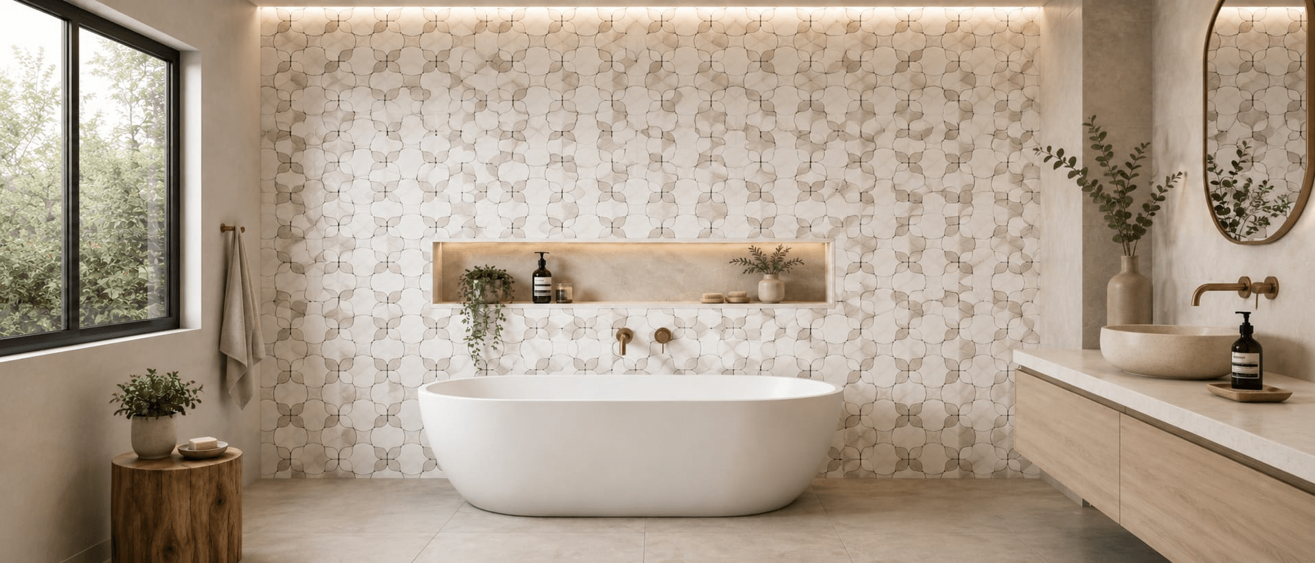 Luxury bathroom with white geometric mosaic wall tiles and freestanding bathtub