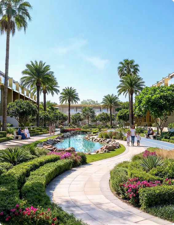 Resort courtyard with a curved stone path, palm trees, and a central pool surrounded by flowers and greenery.