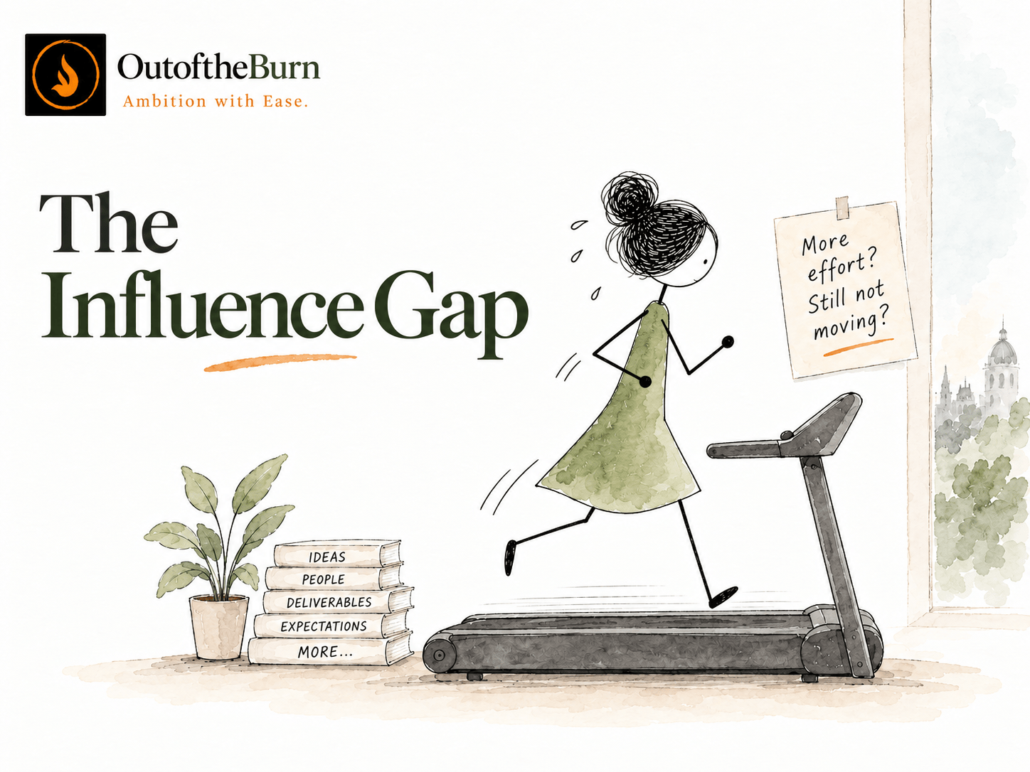 Stick-figure woman in a green dress running on a treadmill beside the words “The Influence Gap,” illustrating the tension between growing responsibility and limited influence at work.