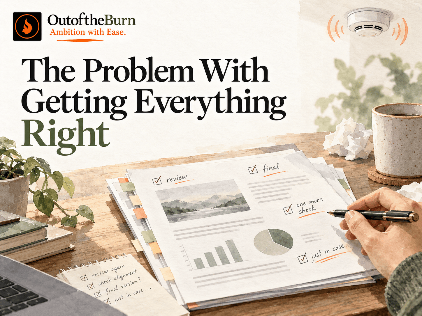 Watercolor illustration for OutoftheBurn’s article The Problem With Getting Everything Right, showing a repeatedly reviewed report, checklists, handwritten notes and a smoke alarm, symbolizing perfectionism, overchecking and the difficulty of knowing when work is good enough.
