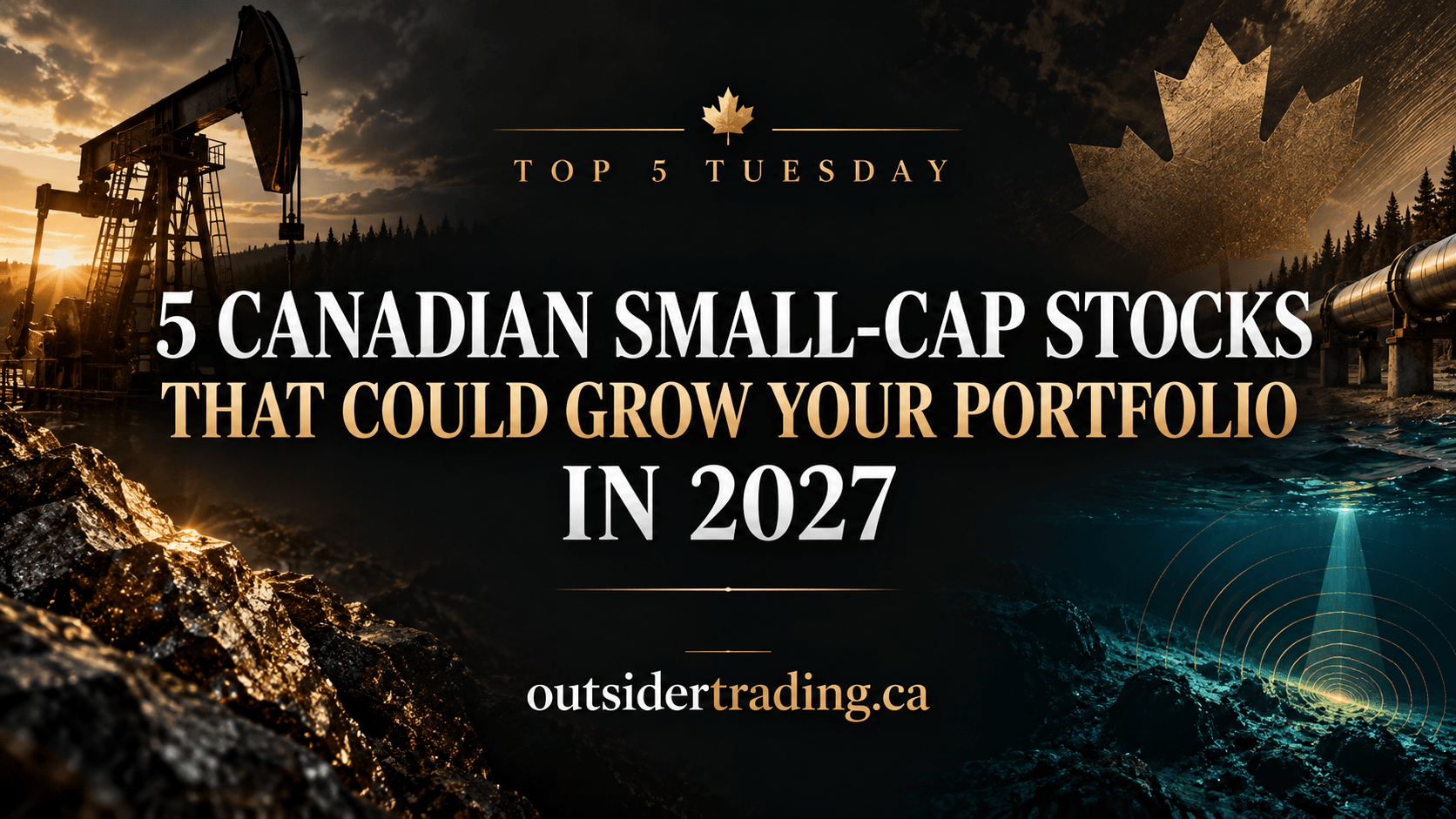 Five Canadian small-cap stocks that could grow your portfolio in 2027, in OutsiderTrading.ca charcoal and gold branding.