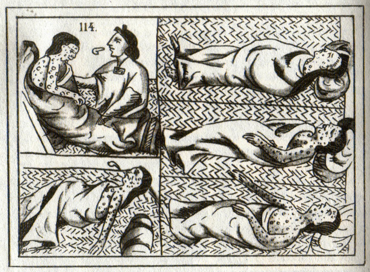 A sixteenth-century Nahua drawing of Indigenous people dying of introduced smallpox.